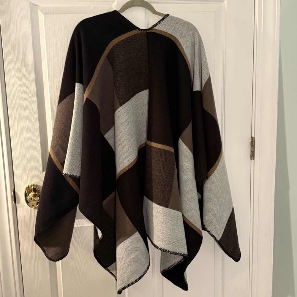 Colorblock Plaid Open Front Ruana Shawl Wrap One Size Fits Most - Picture 6 of 6